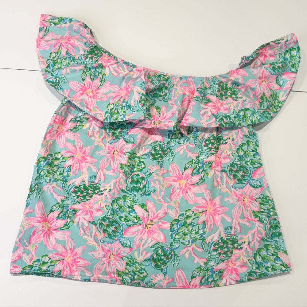 Lilly Pulitzer Women's XXS Zeldie One Shoulder Blouse Ruffle Turtle Floral
